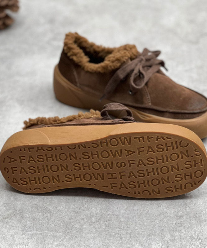 Coffee Flats Lace Up Flat Shoes for Fuzzy Wool Lined
