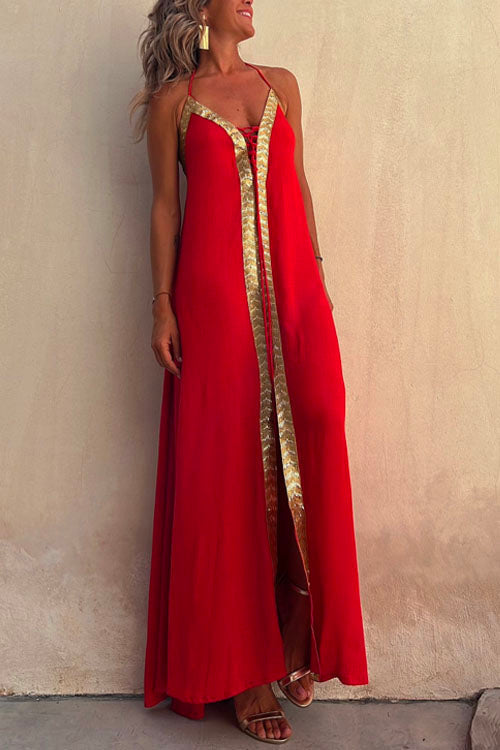 V Neck Backless Sequin Detailed Cami Maxi Dress