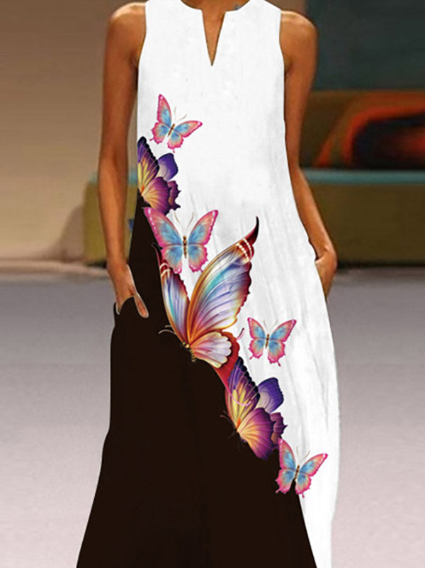 A-line Loose Butterfly Print Round-neck Maxi Dresses