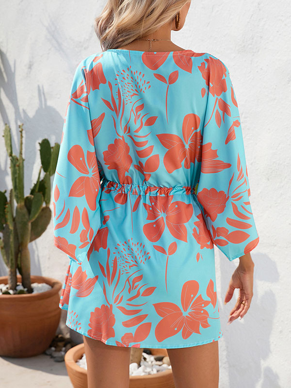 A-line Half Sleeves Buttoned Drawstring Flower Print V-neck Mini Dresses