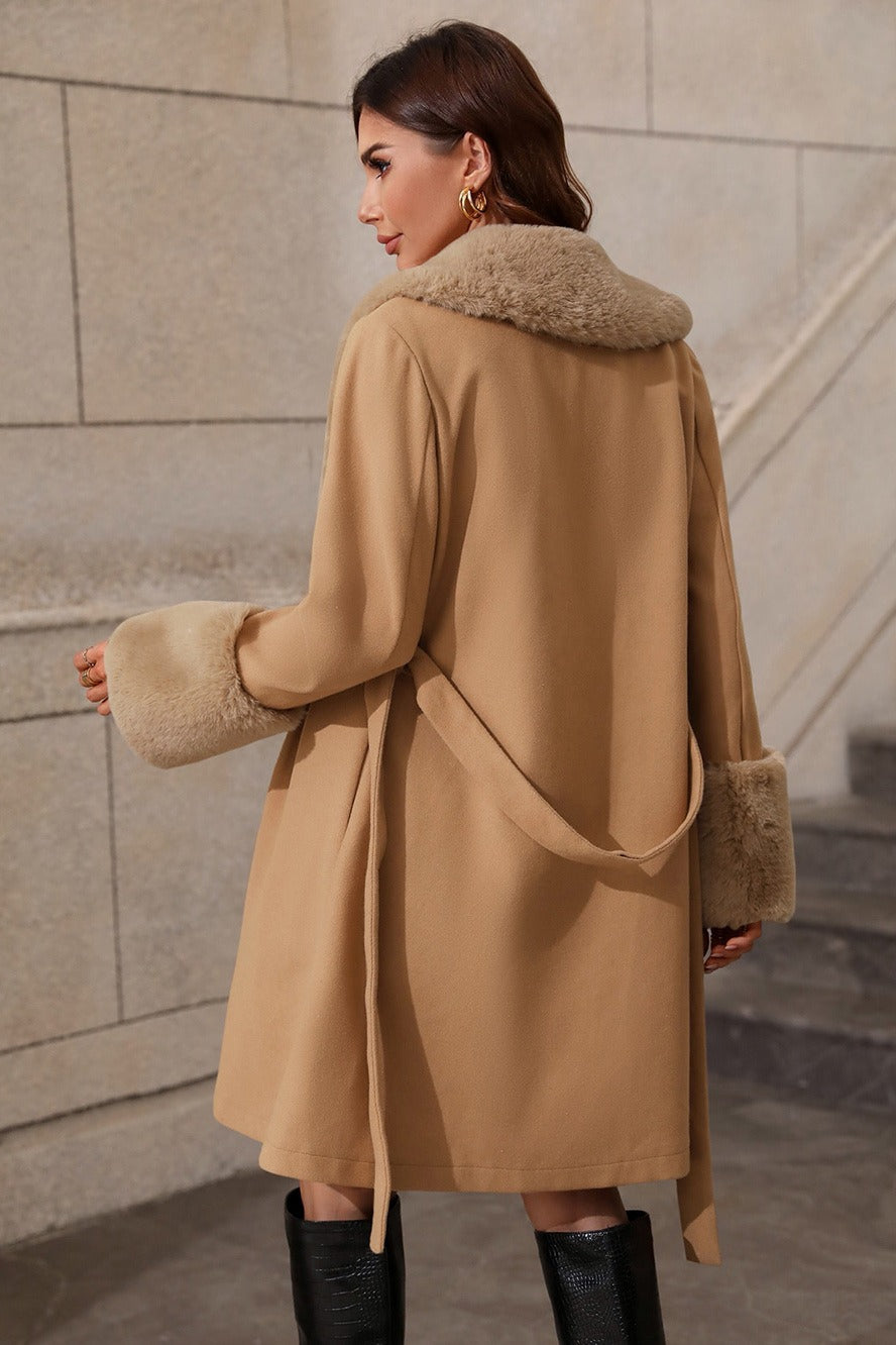 Plush Paneled Notch Collar Button Mid-length Tie Waist Coat