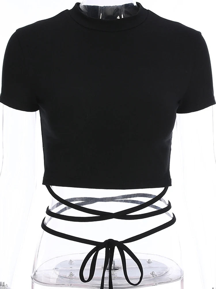Summer Black Short T-shirts Crop Tops Short Sleeve Bandage Tee Tops Female Shirts