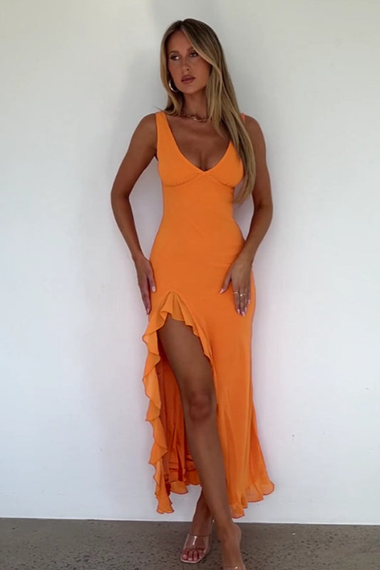 V-neck Ruffled Hem Bodycon Maxi Dress