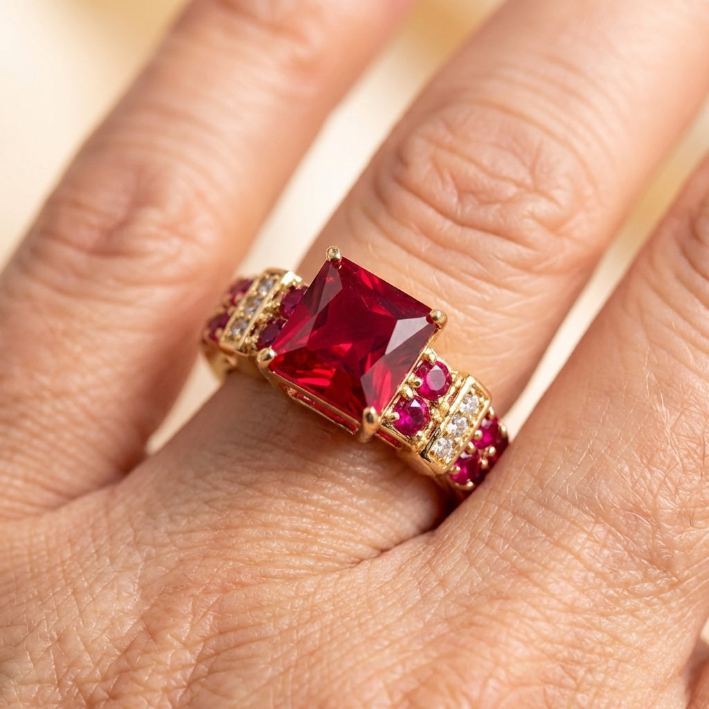 Vintage Red Crystal And Gold Ring