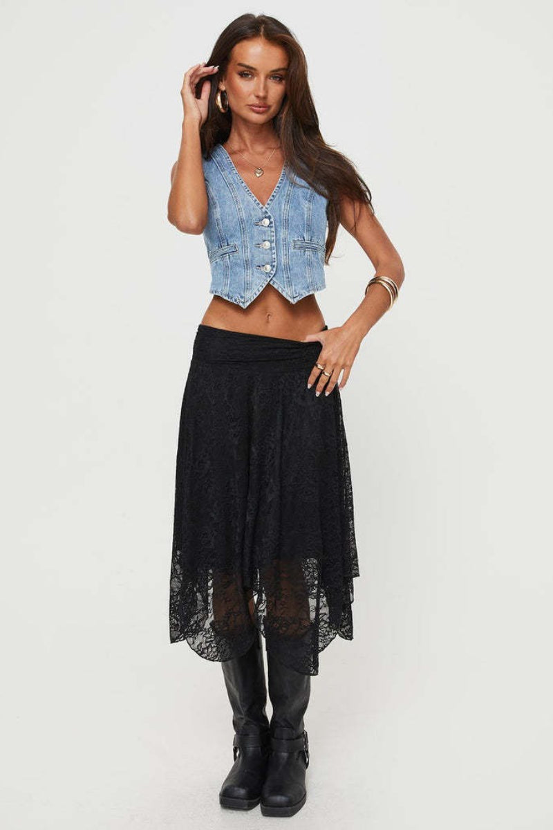 Asymmetrical Hem Lace Detail Midi Skirt