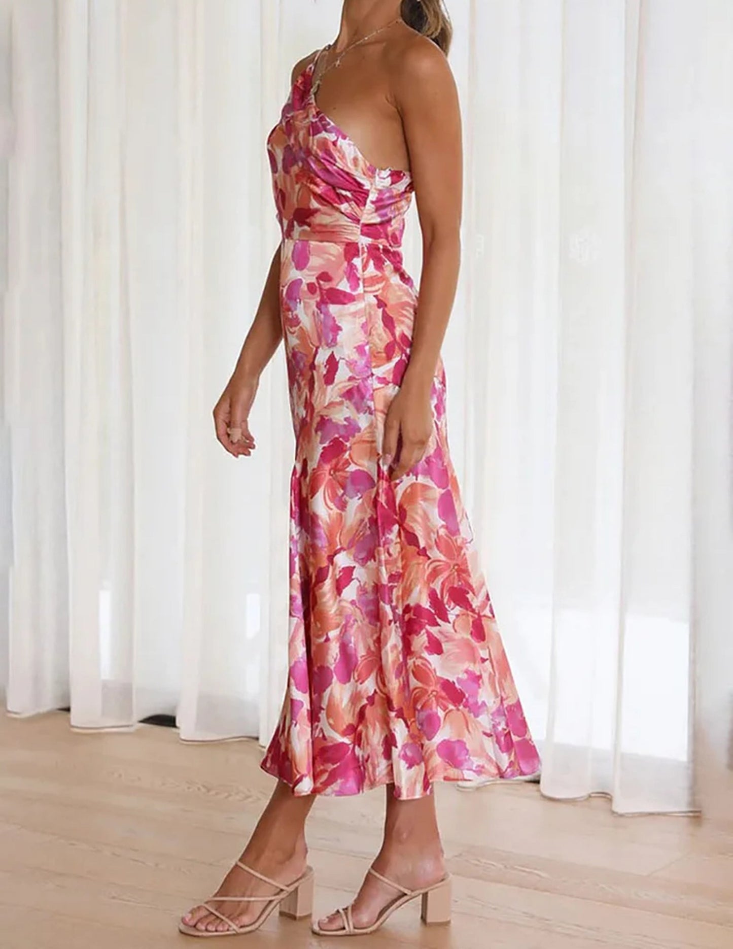 Azalea - Pink One Shoulder Ruched Satin Dress
