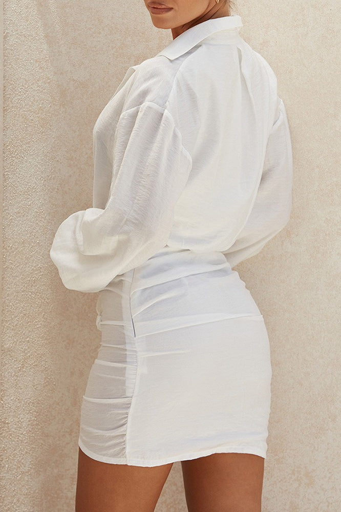 Long Sleeve Shirt Deep V Linen Mini Dress