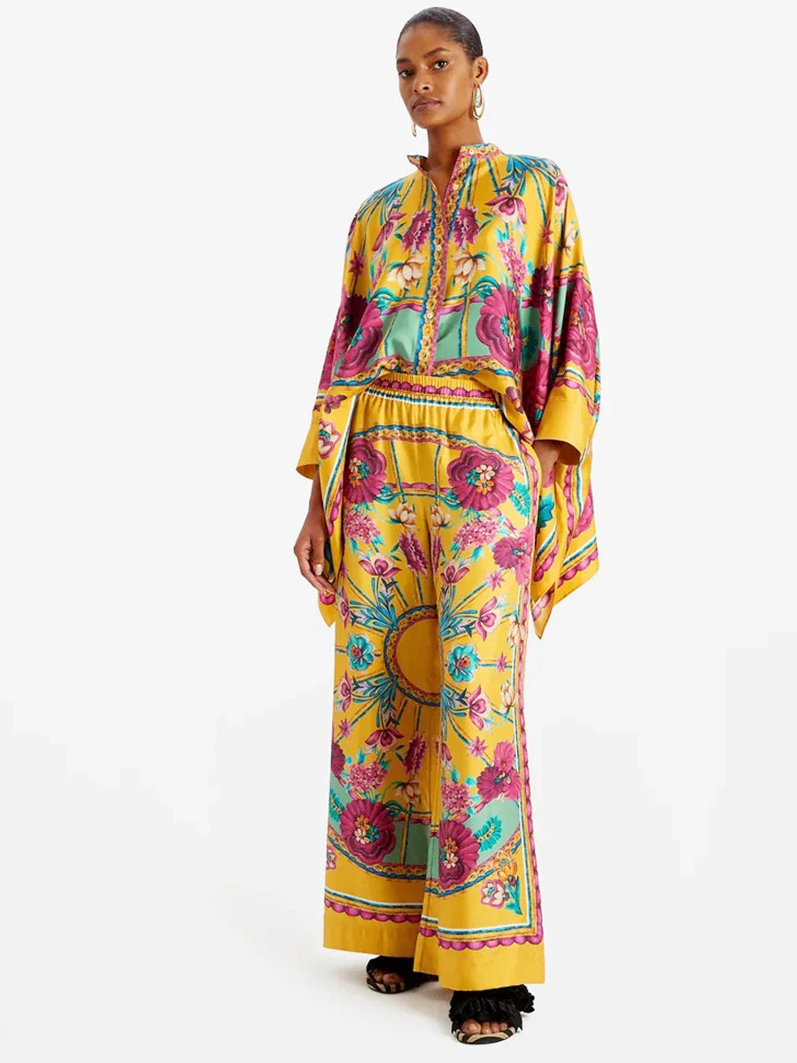 Fine Satin Print Batwing Sleeve Pants Set - Ginger Yellow
