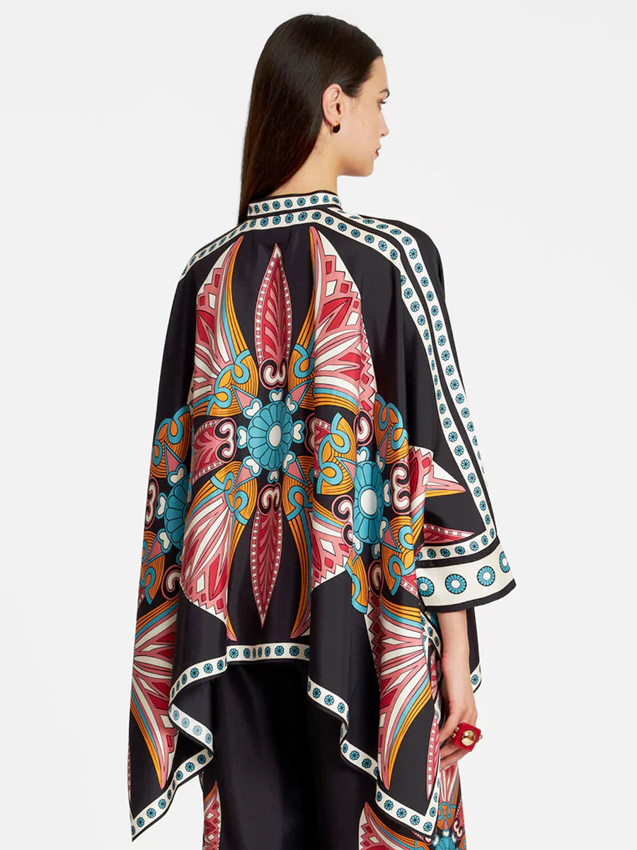Fine Satin Print Batwing Sleeve Pants Set - Black-red Flowers