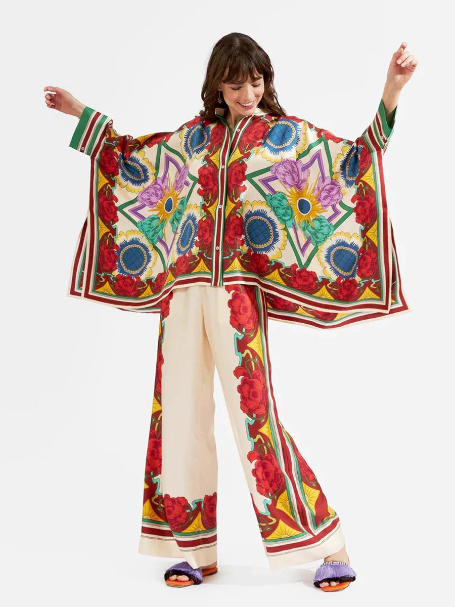 Fine Satin Print Batwing Sleeve Pants Set - Red Flowers