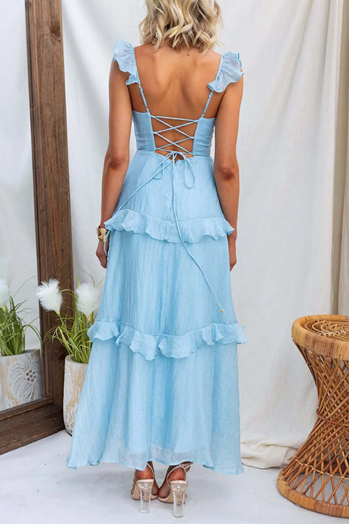 Backless Lace-up Ruffle Trim Sleeveless Maxi Dress