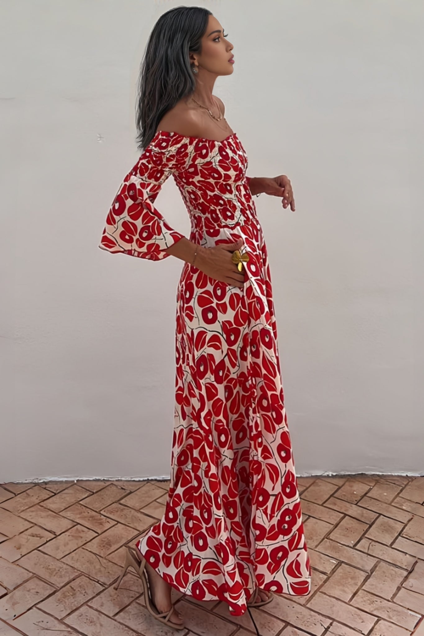 Elerie Print Smocked Off Shoulder Maxi Dress
