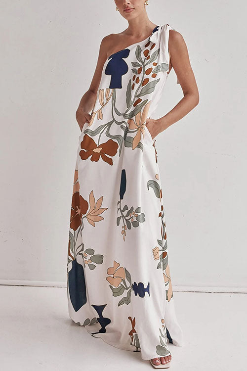 Moxidress Tie Knot One Shoulder Print Maxi Dress