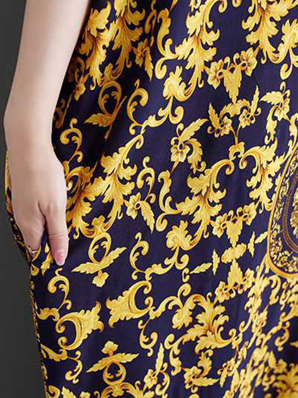 A-line Batwing Sleeves Printed V-neck Maxi Dresses