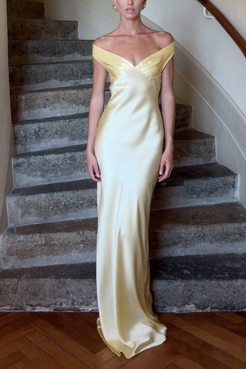 Off Shoulder Backless Cut Out Satin Maxi Dress