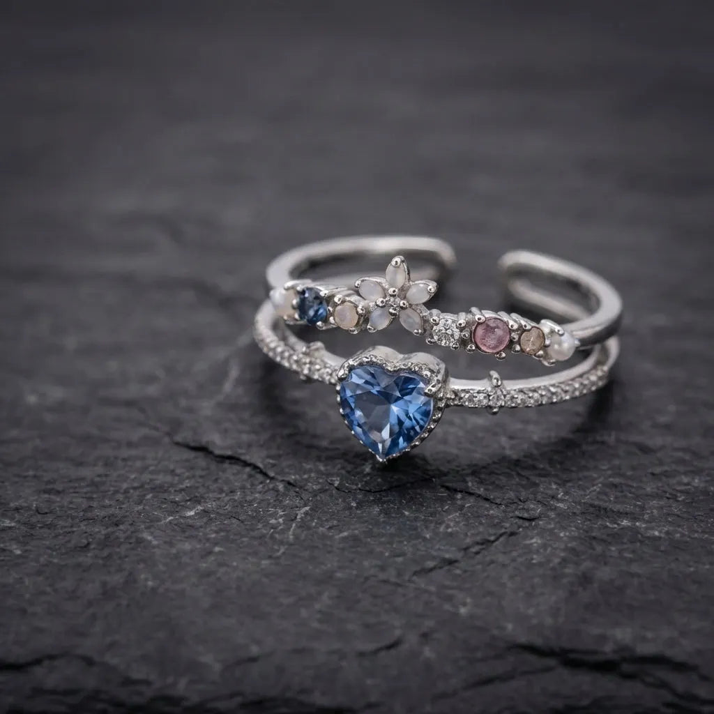 Adjustable Blue Stone Ring With Zirconia In Sterling Silver
