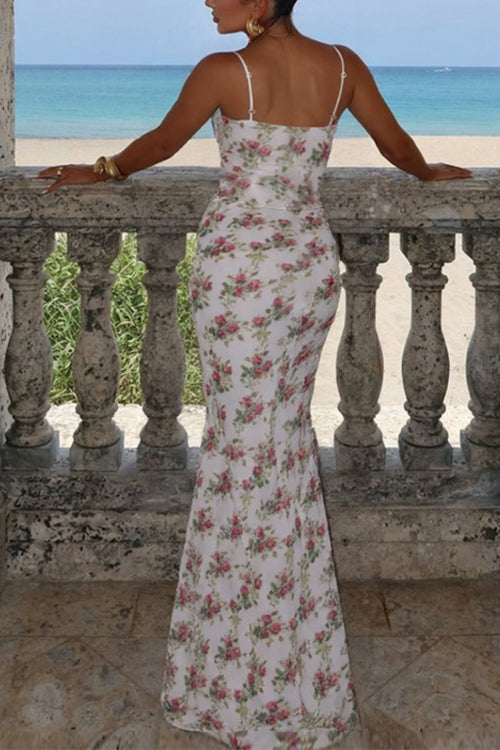 Spaghetti Strap Corset Print Bodycon Maxi Dress
