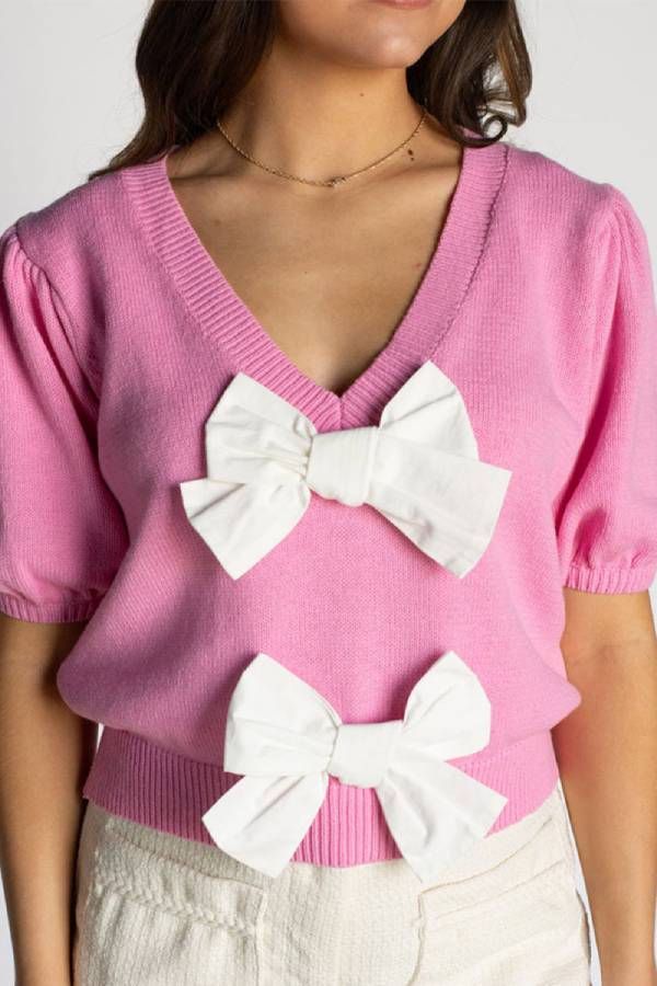 V-neck Short-sleeved Double Bow Color Sweater