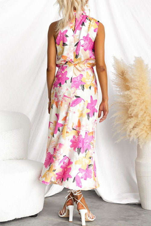 Mockneck Sleeveless Print Satin Maxi Dress