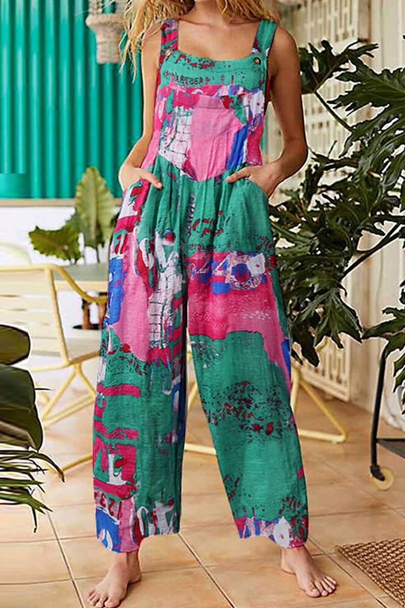 Print Split Joint Pocket Square Collar Straight Jumpsuits