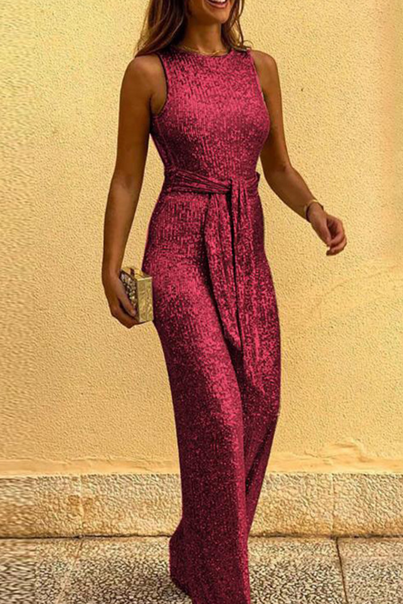 Sequined With Belt O Neck Straight Jumpsuits(6 Colors)