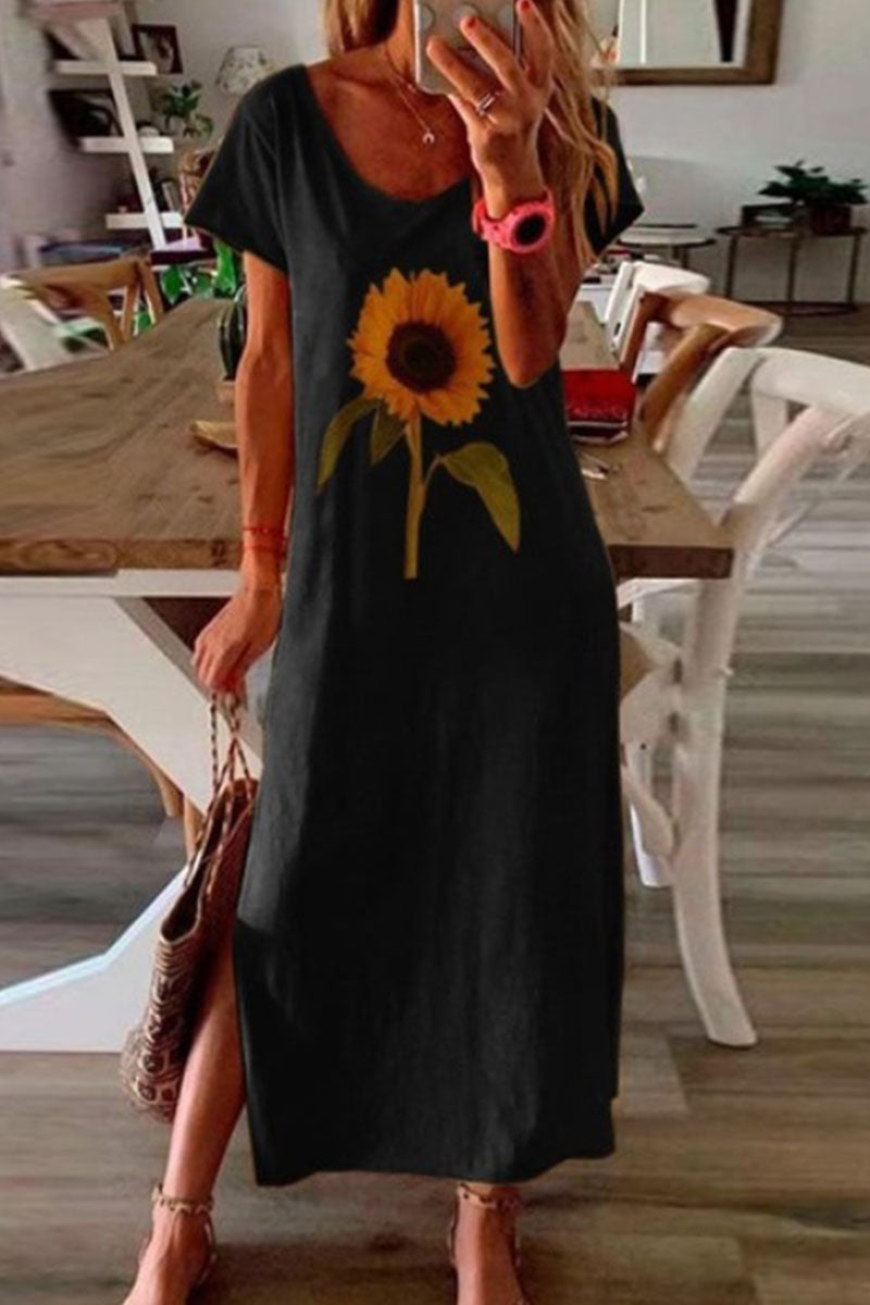 Print Slit O Neck Pencil Skirt Dresses