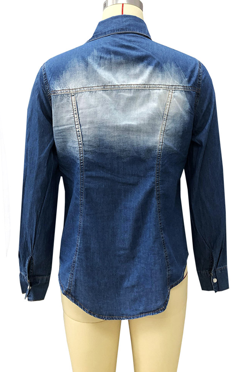 Patchwork Pocket Buckle Turndown Collar Blouses