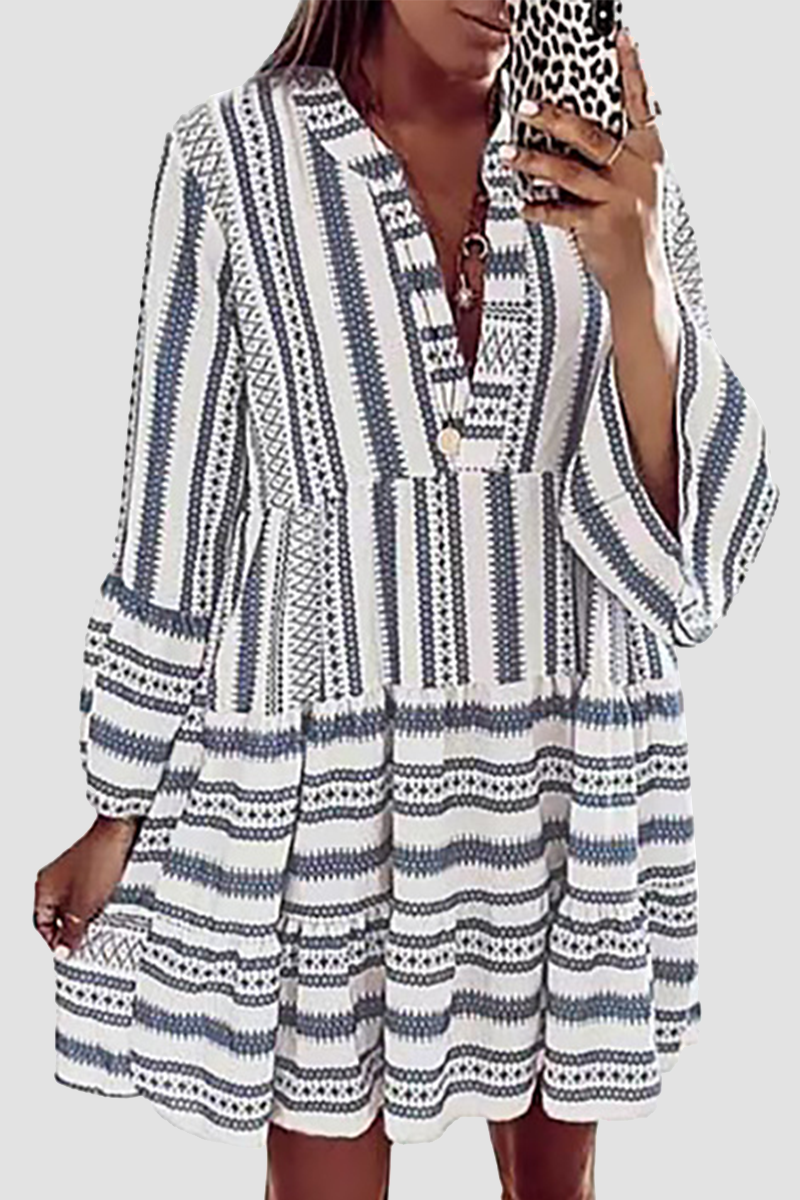 Print Patchwork Flounce V Neck Cake Skirt Dresses