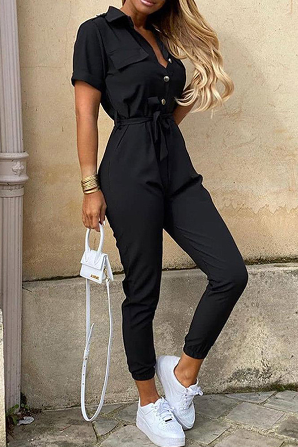 Buckle With Belt Turndown Collar Jumpsuits(12 Colors)