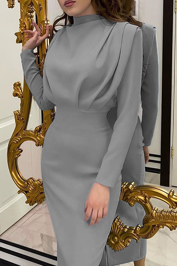 Patchwork Fold Mandarin Collar Waist Skirt Dresses