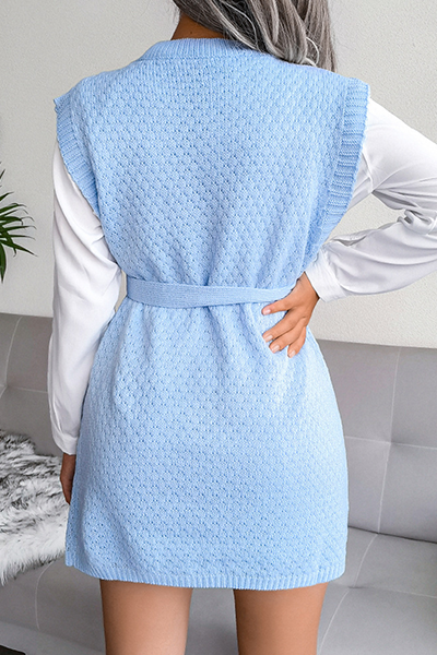 Slit With Belt O Neck Tops Sweater