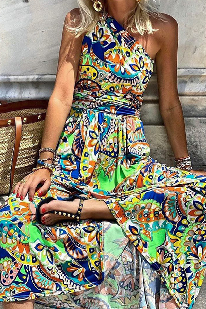 Print Patchwork One Shoulder Waist Skirt Dresses