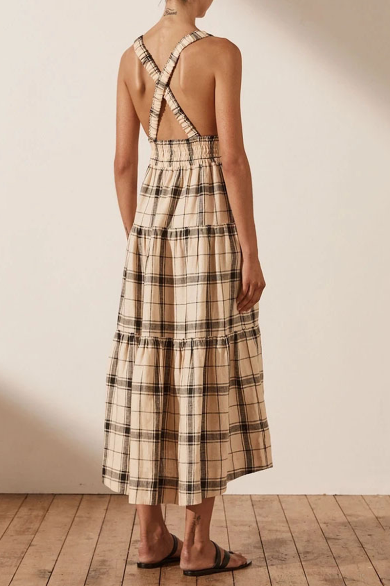 Plaid Patchwork V Neck Waist Skirt Dresses