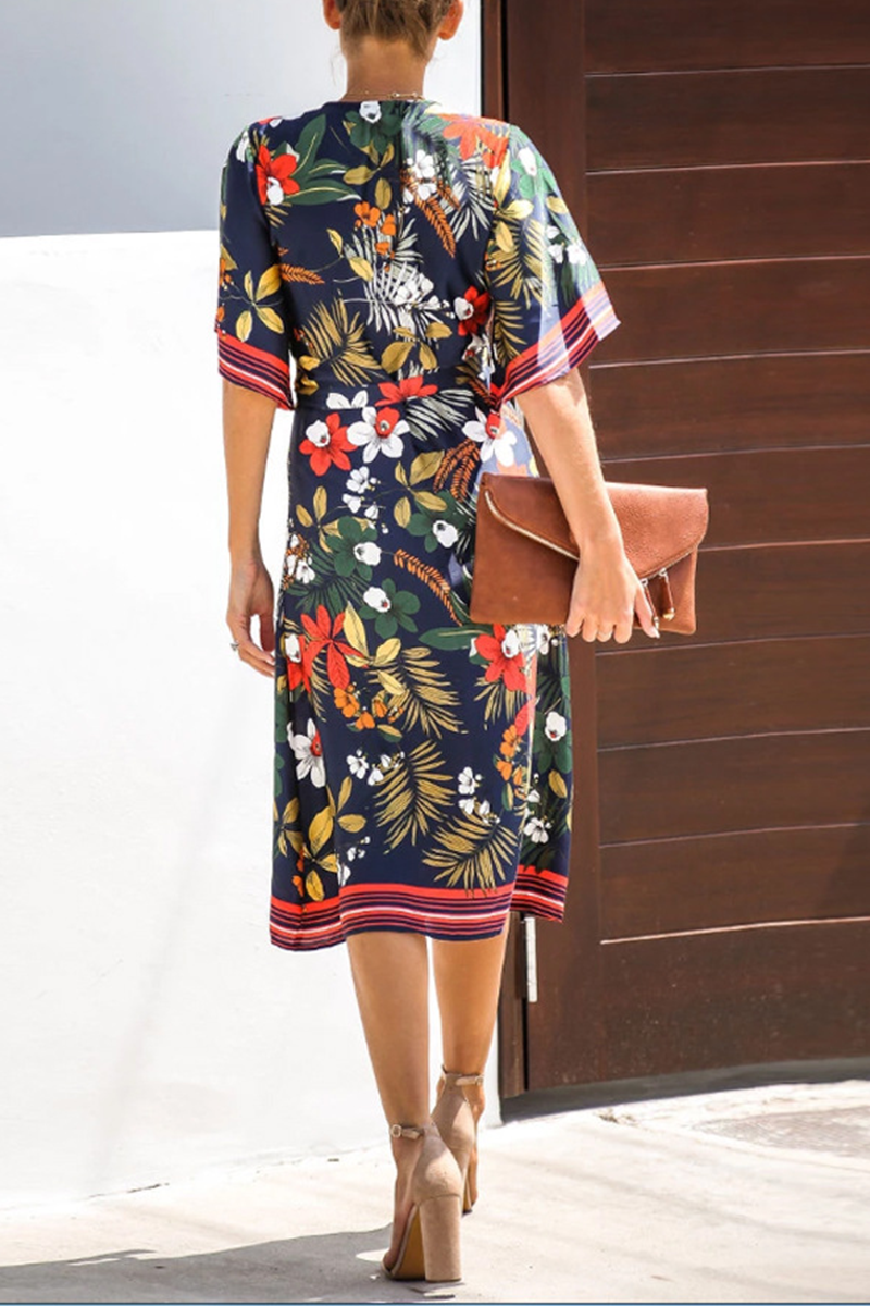 Print Patchwork V Neck Waist Skirt Dresses