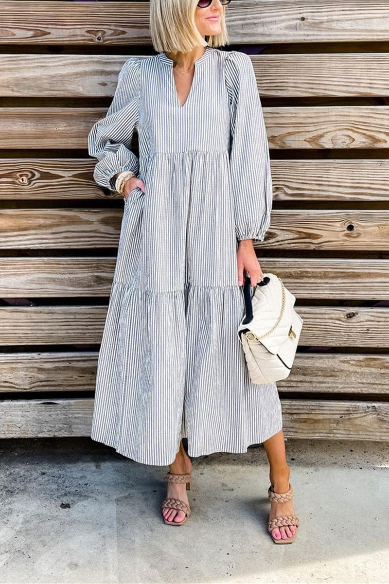 Striped V Neck Long Dress Dresses