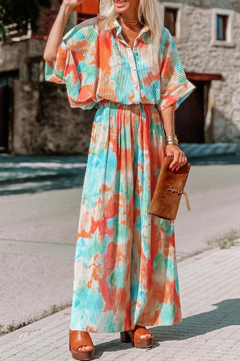 Tie Dye Patchwork Turndown Collar Loose Jumpsuits
