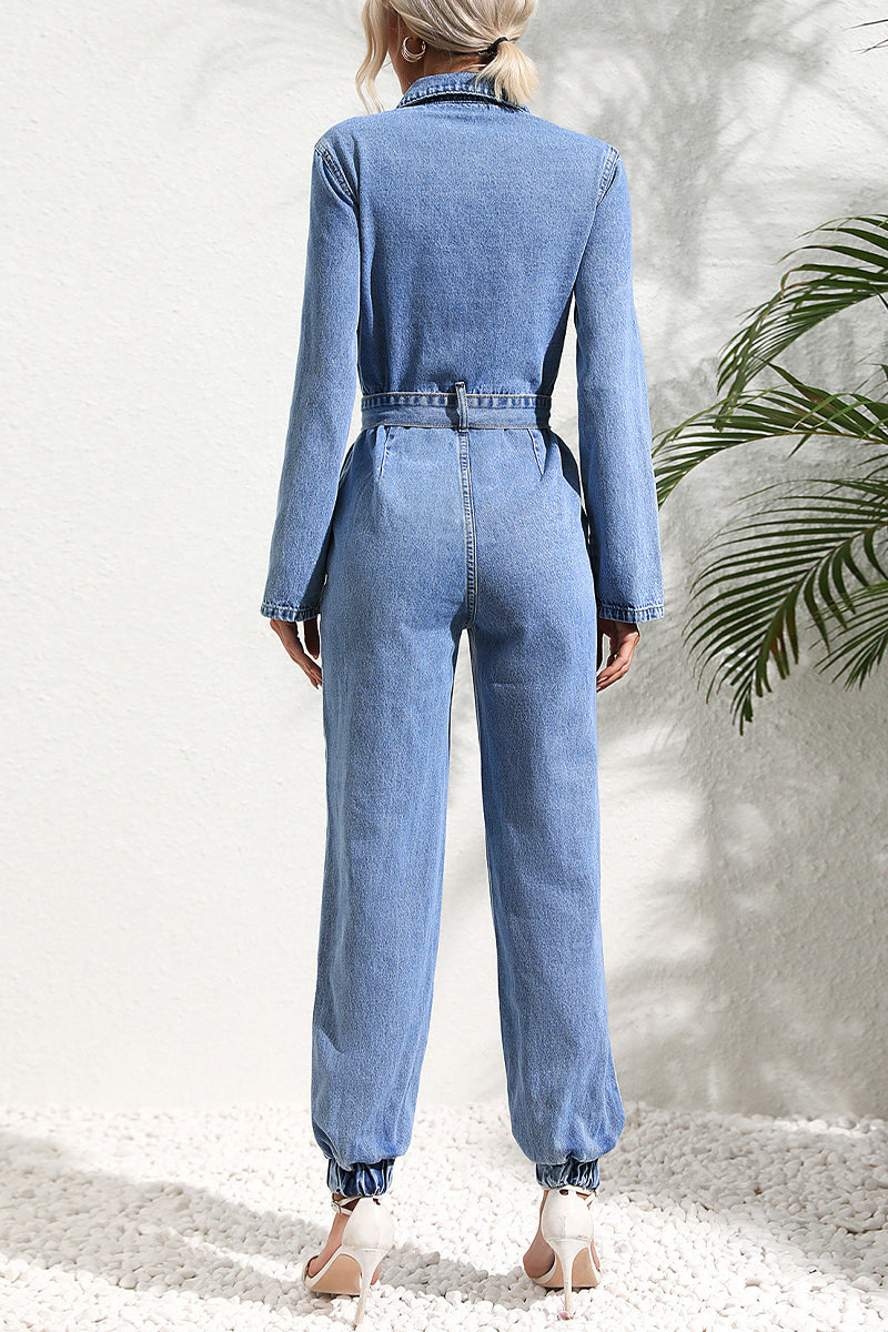 Street Bandage Pocket Turndown Collar Long Sleeve Regular Denim Jumpsuits