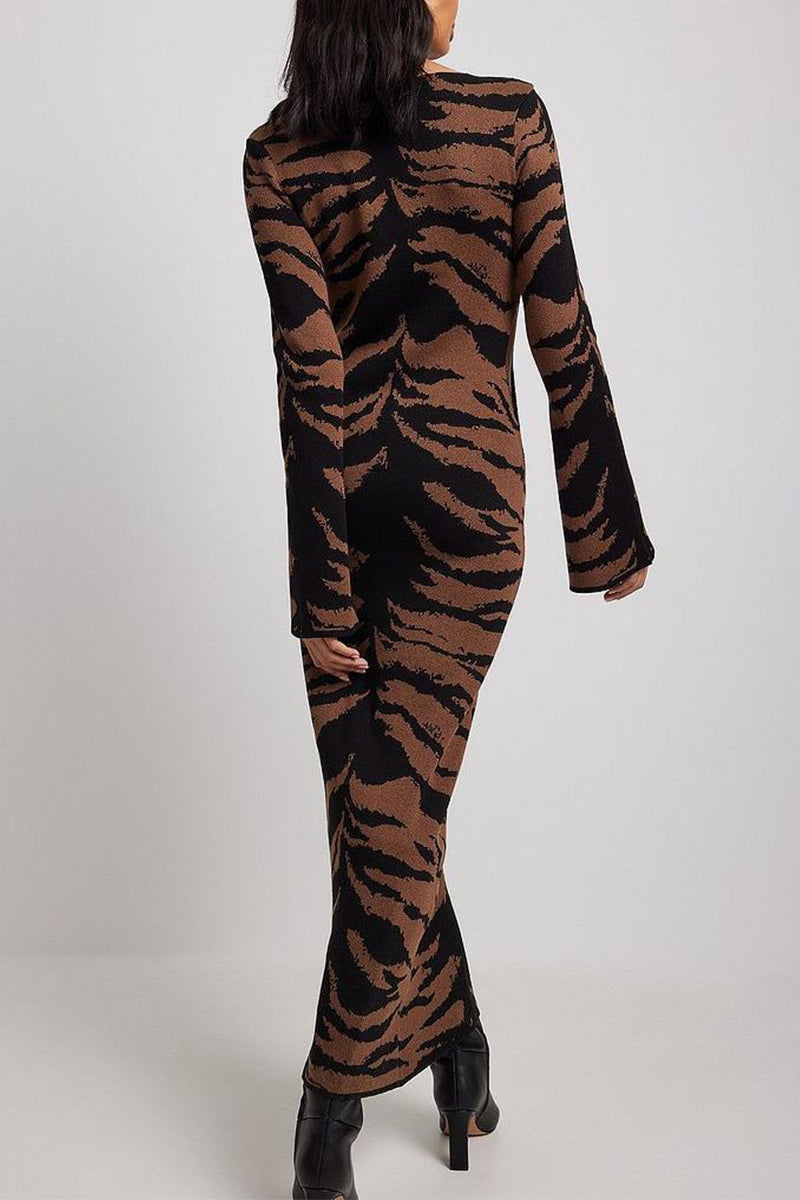 Street Leopard Jacquard Ripped Weave O Neck Pencil Skirt Dresses