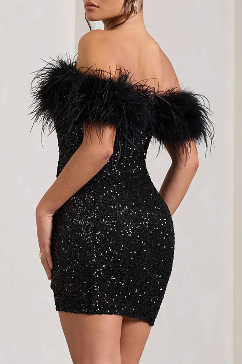 Sequins Feathers Off the Shoulder Wrapped Skirt Dresses