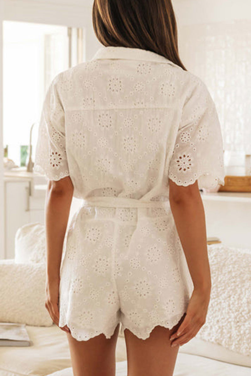 Jacquard Embroidered Bandage Turndown Collar Loose Rompers