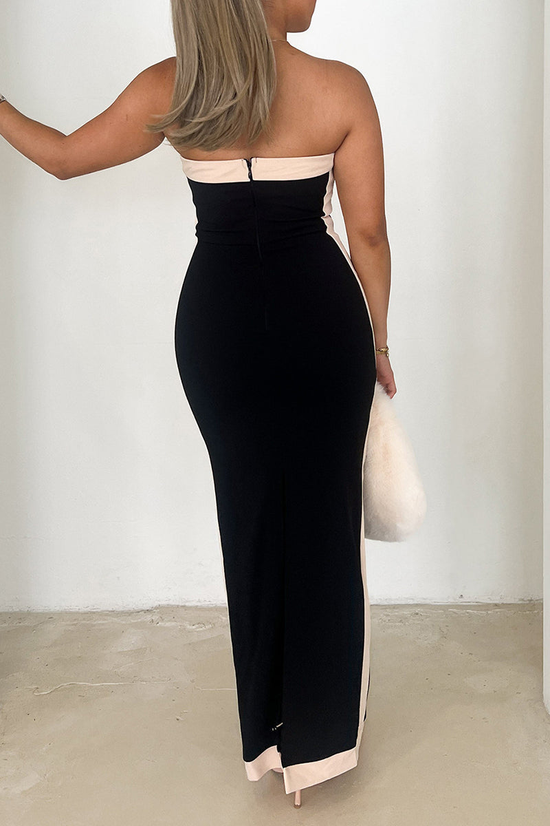 Striped Slit Contrast Strapless Pencil Skirt Dresses