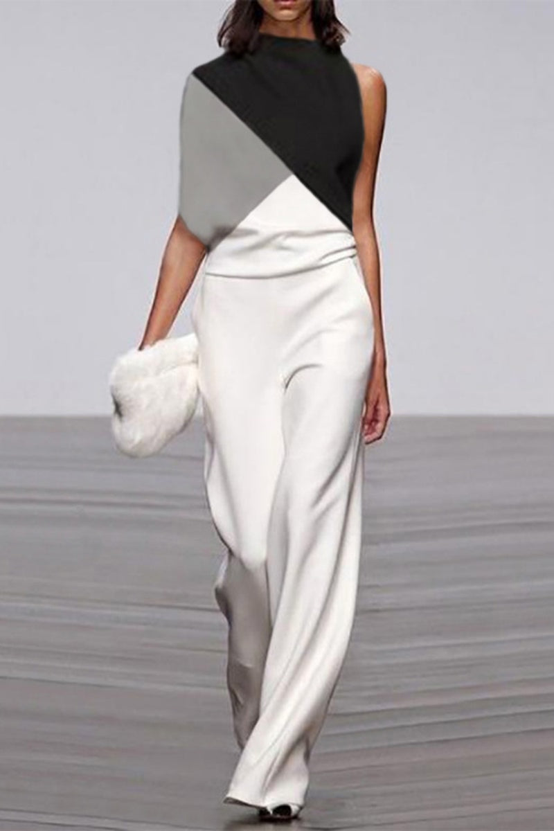 Patchwork Contrast Half a Turtleneck Straight Jumpsuits
