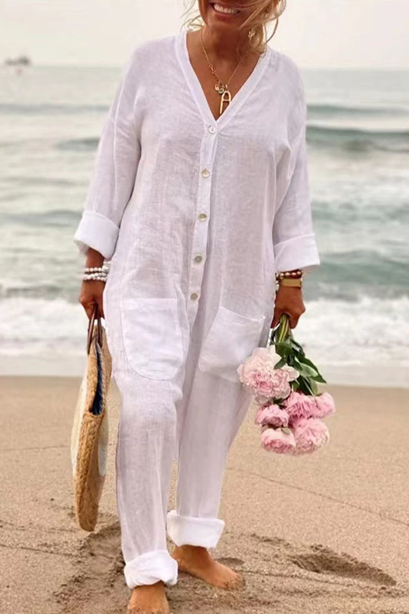 Color Pocket Buttons V Neck Regular Jumpsuits