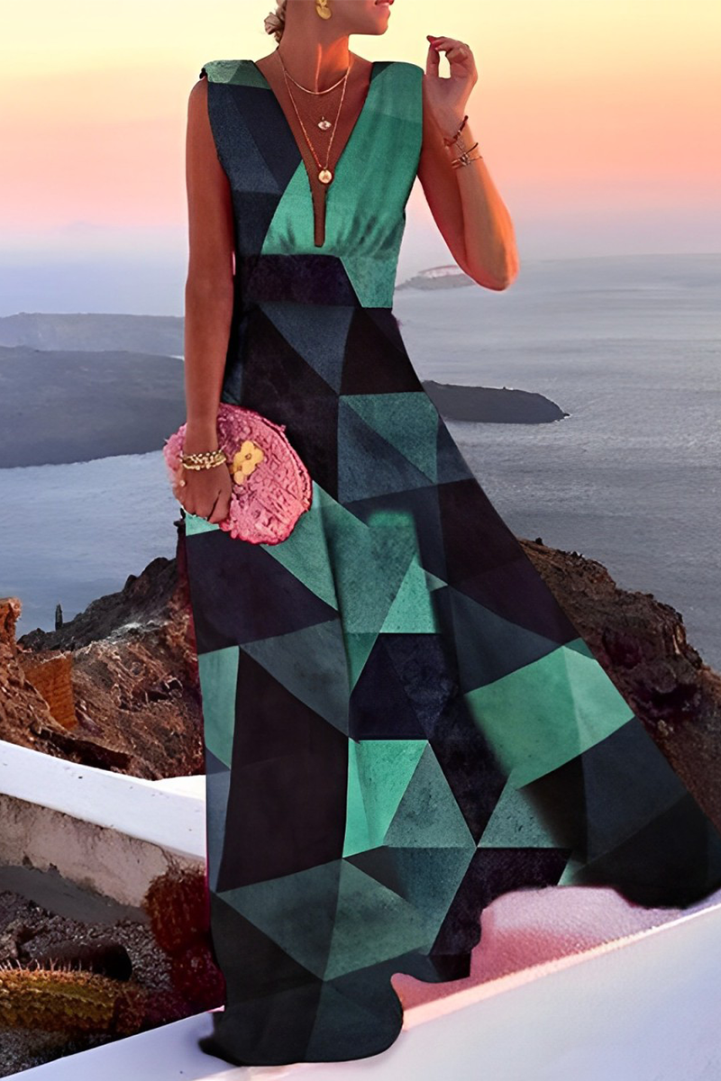 Print Patchwork V Neck Cake Skirt Dresses(5 Colors)