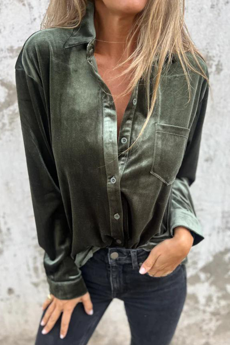 Color Pocket Buckle Turndown Collar Blouses(3 Colors)