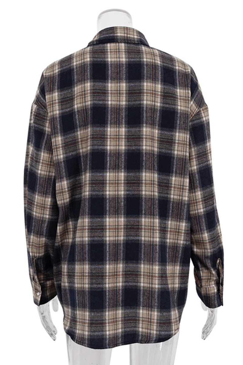 Plaid Pocket Buttons Contrast Turndown Collar Blouses