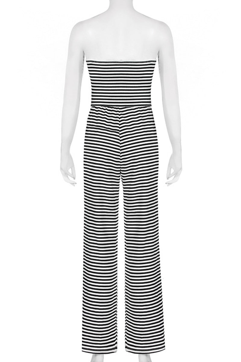Stripe Patchwork Backless Strap Design Strapless Loose Jumpsuits