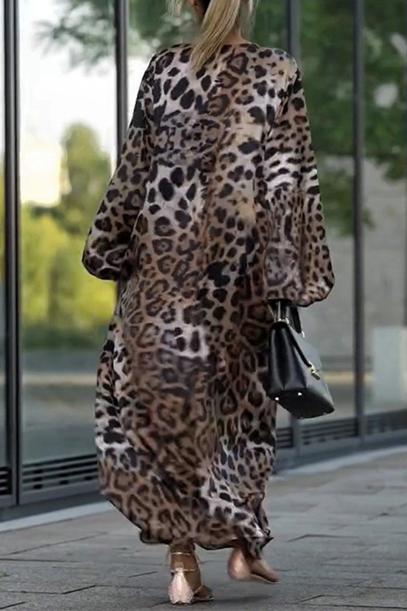 Street Leopard Patchwork V Neck Long Dresses