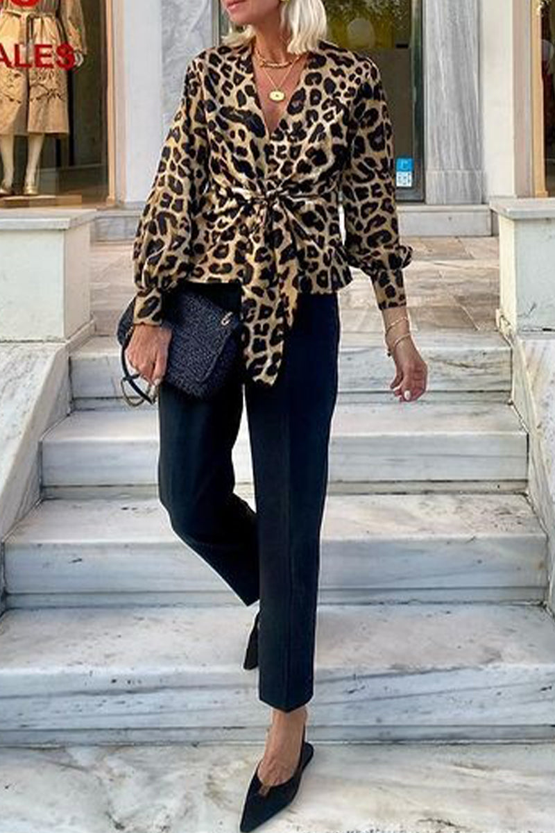 Street Leopard Print Lace Up V Neck Blouses