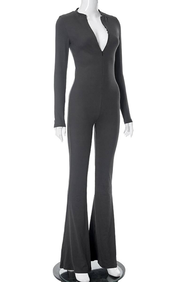 Street Zipper O Neck Skinny Jumpsuits